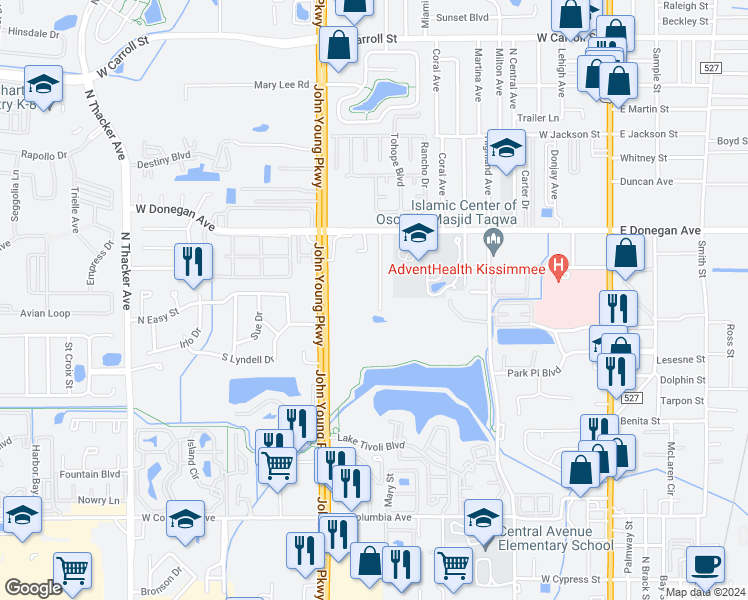 map of restaurants, bars, coffee shops, grocery stores, and more near 2412 Temple Grove Lane in Kissimmee