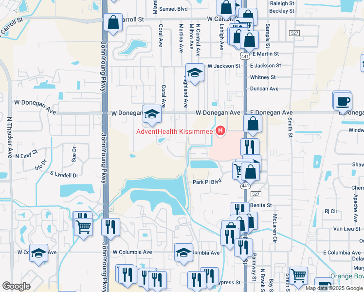 map of restaurants, bars, coffee shops, grocery stores, and more near 2350 North Central Avenue in Kissimmee