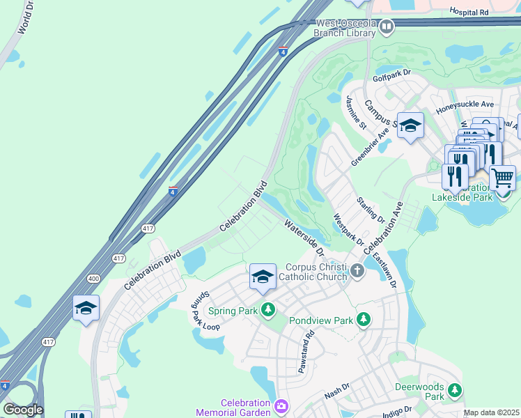 map of restaurants, bars, coffee shops, grocery stores, and more near 710 Siena Palm Drive in Celebration