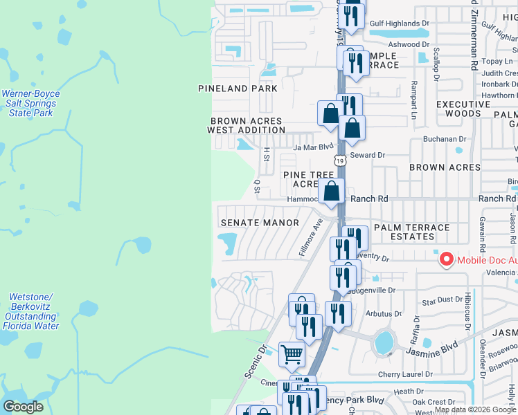 map of restaurants, bars, coffee shops, grocery stores, and more near 6639 Hammock Road in Port Richey