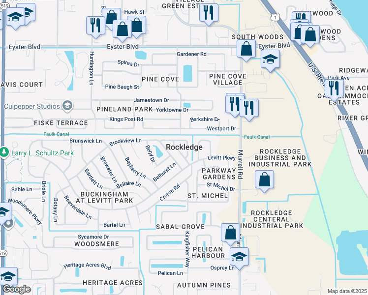 map of restaurants, bars, coffee shops, grocery stores, and more near in Rockledge