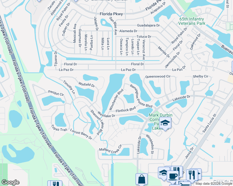 map of restaurants, bars, coffee shops, grocery stores, and more near 2444 Winchester Boulevard in Kissimmee