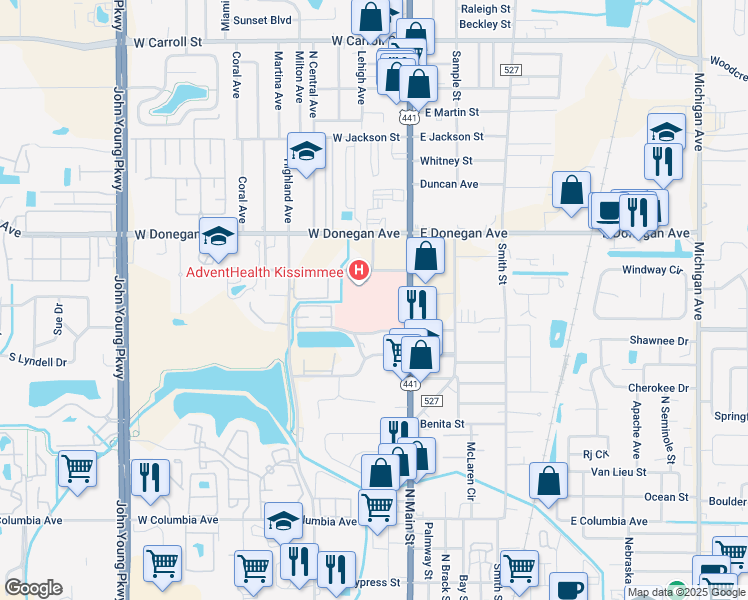map of restaurants, bars, coffee shops, grocery stores, and more near 2450 North Orange Blossom Trail in Kissimmee