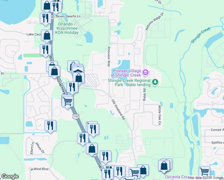 map of restaurants, bars, coffee shops, grocery stores, and more near 2335 Caravelle Circle in Kissimmee
