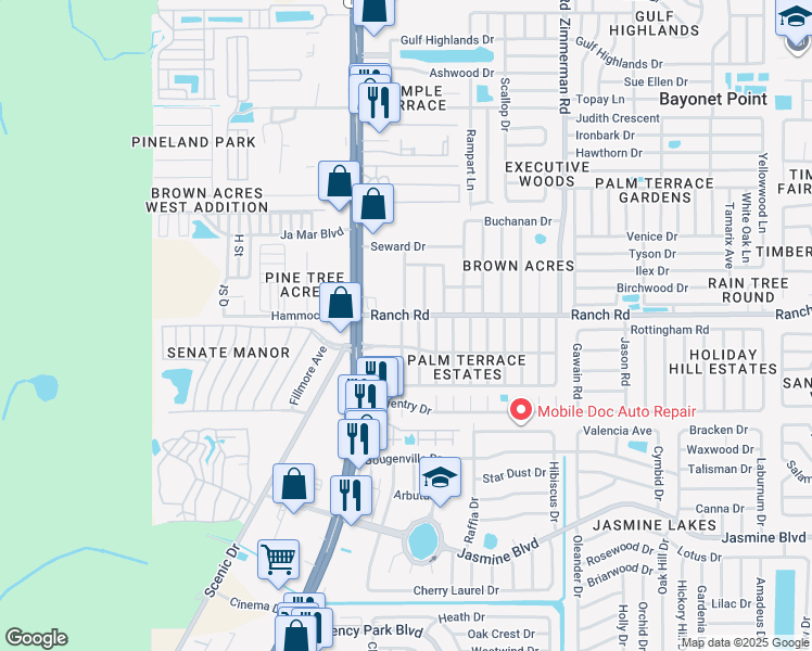 map of restaurants, bars, coffee shops, grocery stores, and more near 10930 Premier Avenue in Port Richey