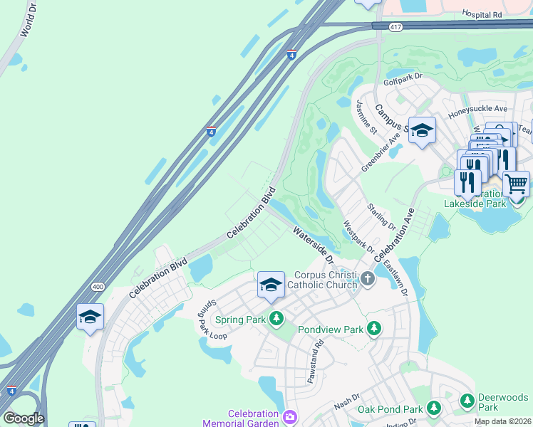 map of restaurants, bars, coffee shops, grocery stores, and more near 1050 Waterside Drive in Celebration