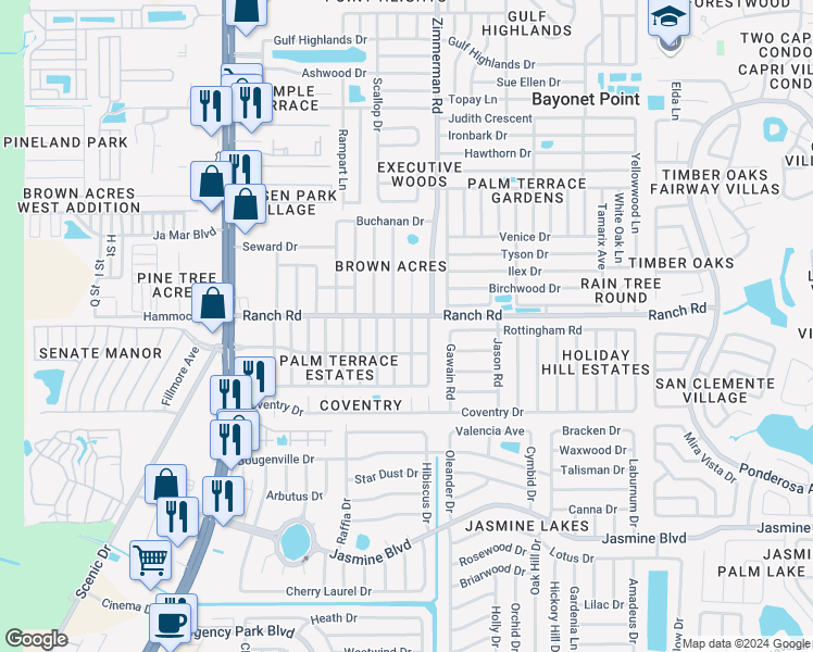 map of restaurants, bars, coffee shops, grocery stores, and more near 10935 Rexdale Avenue in Port Richey