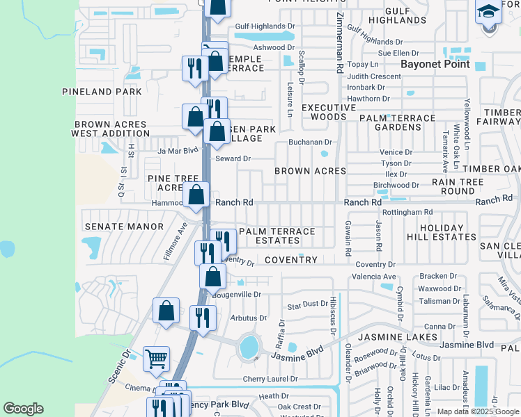 map of restaurants, bars, coffee shops, grocery stores, and more near 10934 Inglewood Avenue in Port Richey