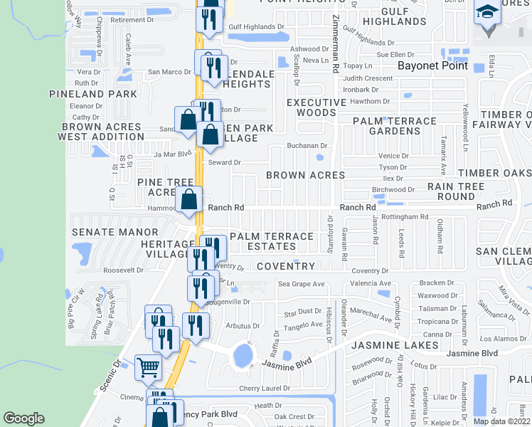map of restaurants, bars, coffee shops, grocery stores, and more near 10934 Lyndale Avenue in Port Richey