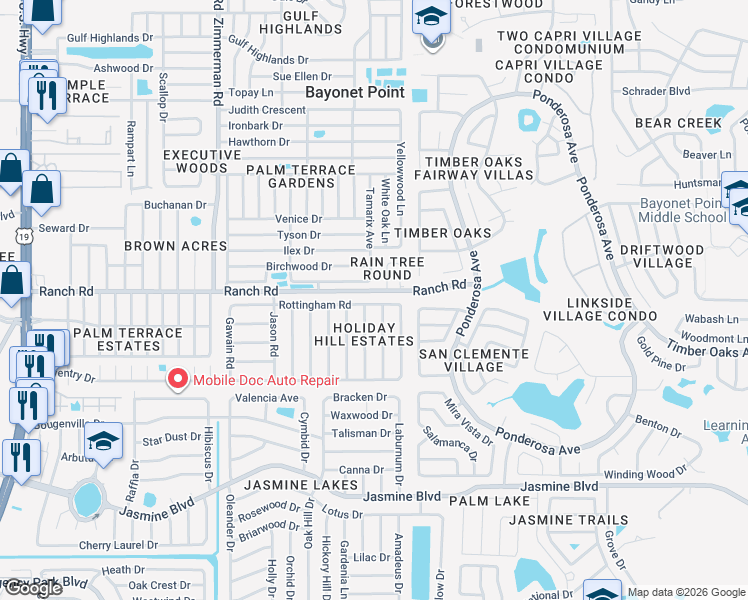 map of restaurants, bars, coffee shops, grocery stores, and more near 7901 Rottingham Road in Port Richey