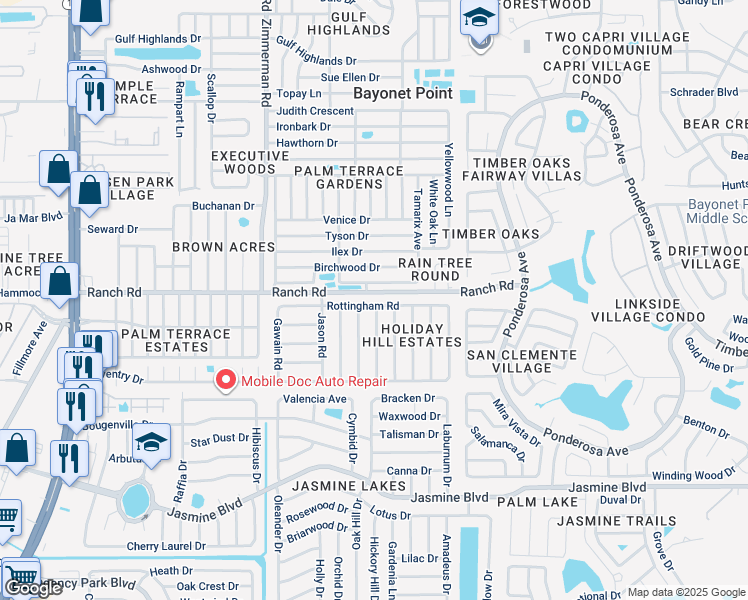 map of restaurants, bars, coffee shops, grocery stores, and more near 7735 Rottingham Road in Port Richey