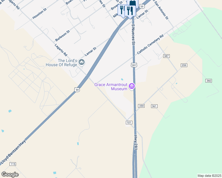 map of restaurants, bars, coffee shops, grocery stores, and more near 1305 Catholic Cemetery Road in George West