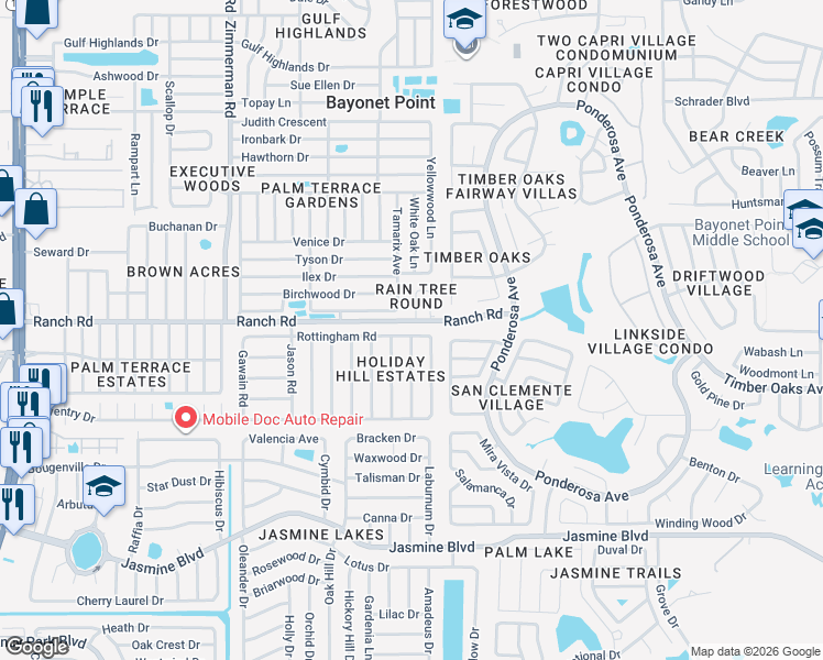 map of restaurants, bars, coffee shops, grocery stores, and more near 7911 Rottingham Road in Port Richey