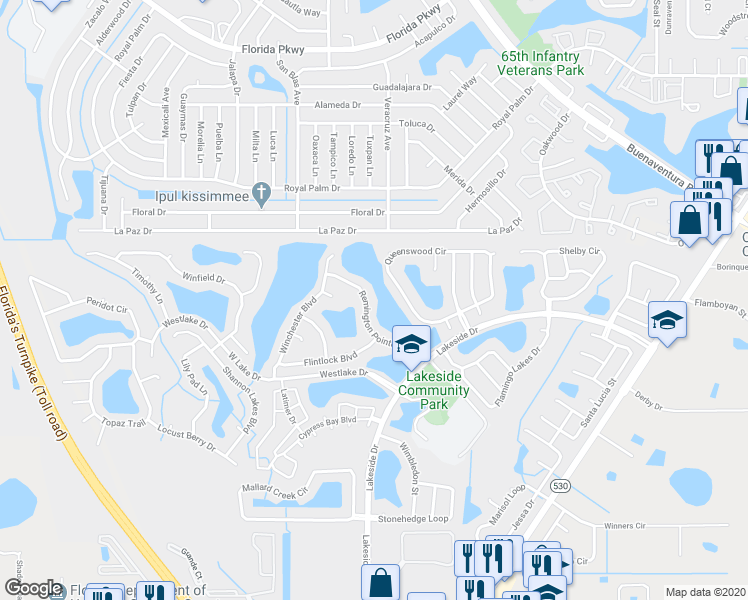 map of restaurants, bars, coffee shops, grocery stores, and more near 2129 Remington Pointe Boulevard in Kissimmee