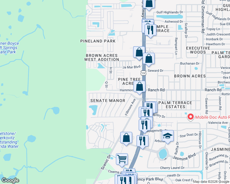 map of restaurants, bars, coffee shops, grocery stores, and more near 6639 Hammock Road in Port Richey