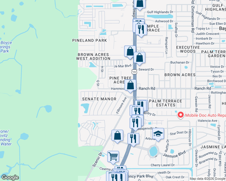 map of restaurants, bars, coffee shops, grocery stores, and more near 6743 Clemens Boulevard in Port Richey