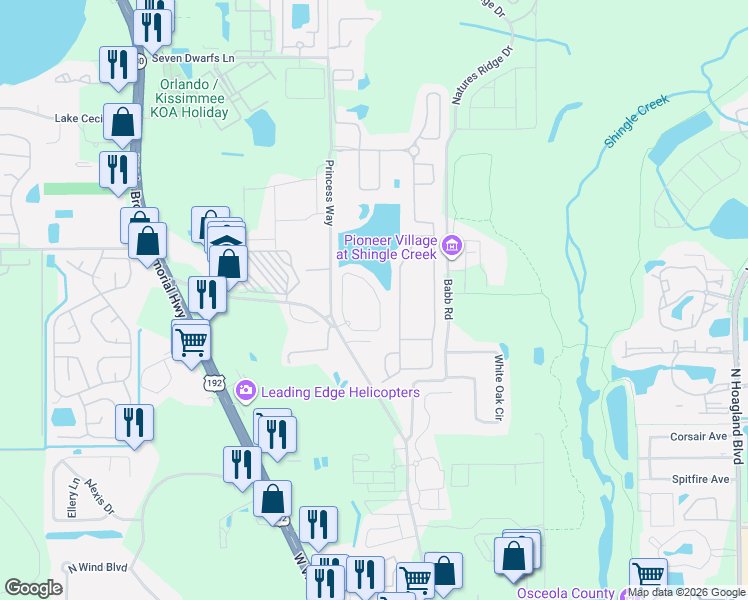 map of restaurants, bars, coffee shops, grocery stores, and more near 2404 Caravelle Circle in Kissimmee