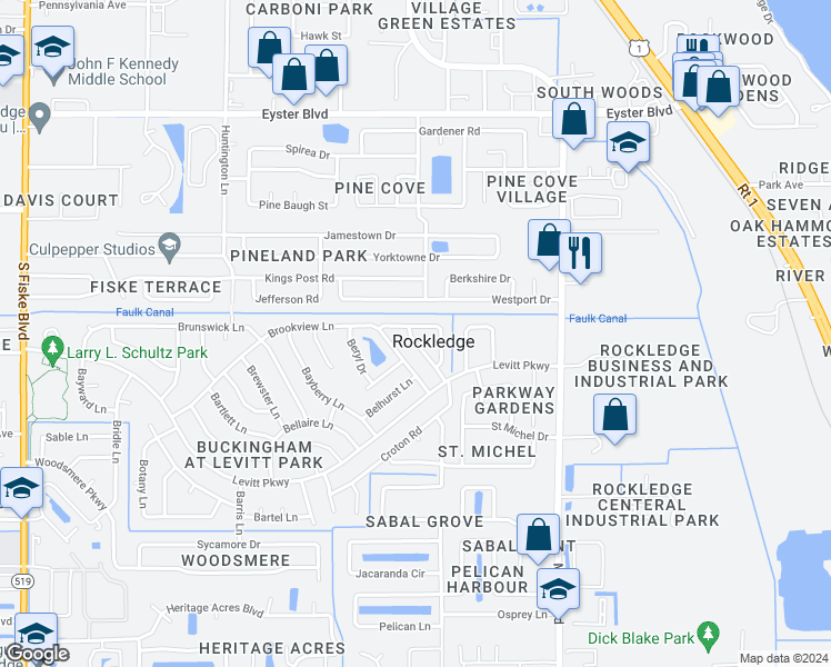 map of restaurants, bars, coffee shops, grocery stores, and more near 805 Topaz Drive in Rockledge