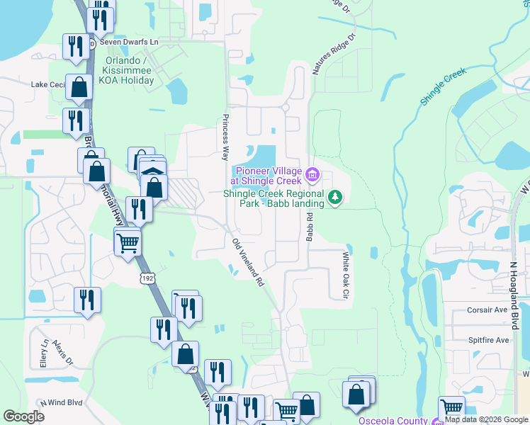 map of restaurants, bars, coffee shops, grocery stores, and more near 2404 Caravelle Circle in Kissimmee