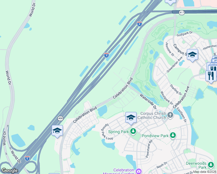 map of restaurants, bars, coffee shops, grocery stores, and more near 1198 Celebration Boulevard in Celebration