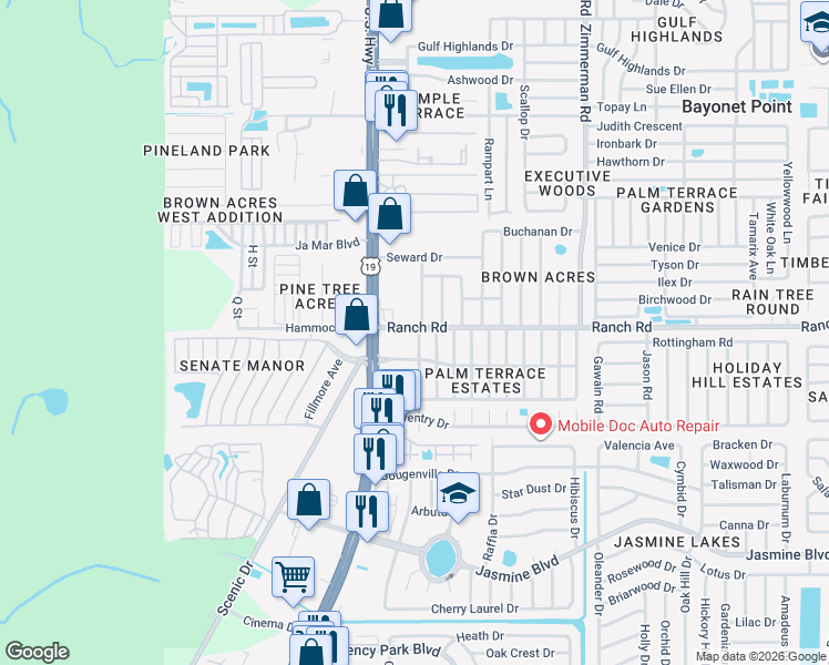 map of restaurants, bars, coffee shops, grocery stores, and more near 10939 Premier Avenue in Port Richey