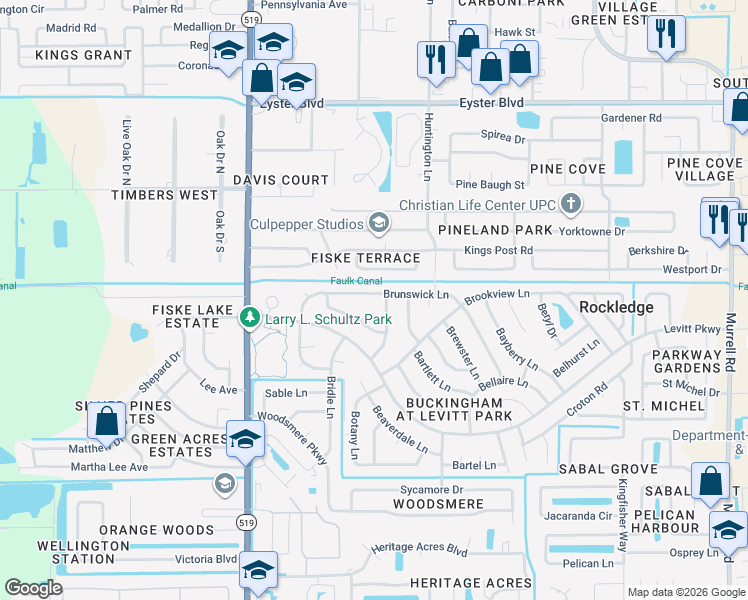map of restaurants, bars, coffee shops, grocery stores, and more near 936 Brunswick Lane in Rockledge