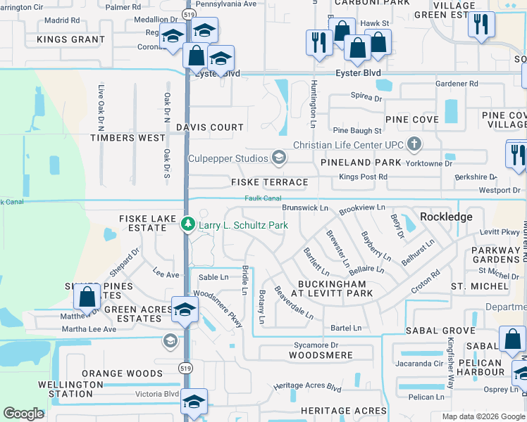 map of restaurants, bars, coffee shops, grocery stores, and more near 936 Brunswick Lane in Rockledge