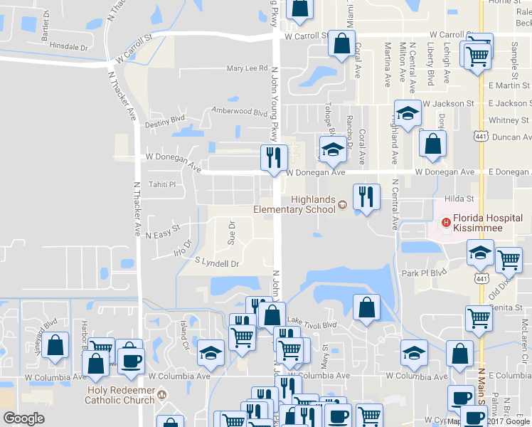 map of restaurants, bars, coffee shops, grocery stores, and more near 2434 North John Young Parkway in Kissimmee