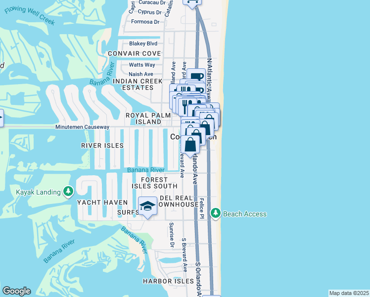 map of restaurants, bars, coffee shops, grocery stores, and more near 297 South 1st Street in Cocoa Beach