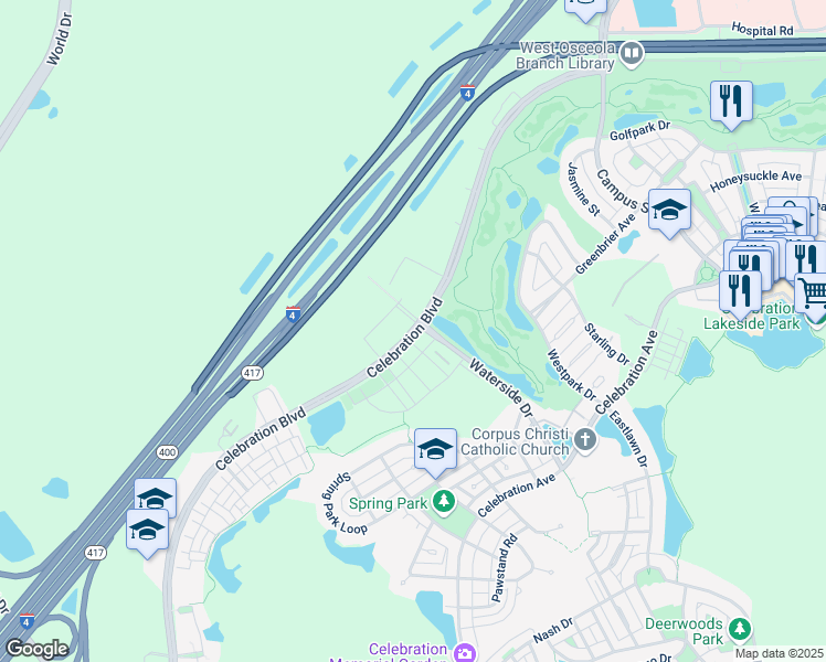 map of restaurants, bars, coffee shops, grocery stores, and more near 1390 Celebration Boulevard in Celebration