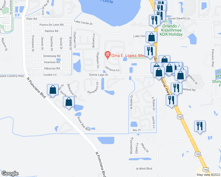 map of restaurants, bars, coffee shops, grocery stores, and more near 2466 Sweetwater Club Circle in Kissimmee