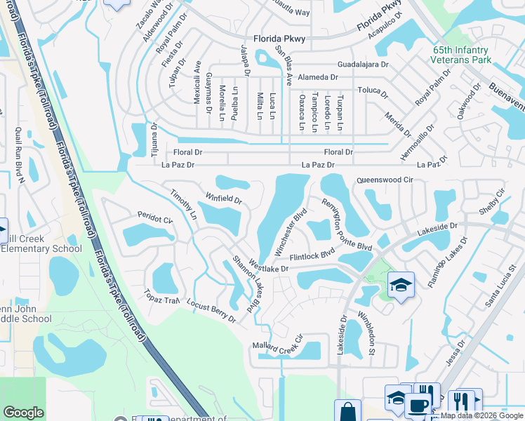map of restaurants, bars, coffee shops, grocery stores, and more near 2505 Hikers Court in Kissimmee
