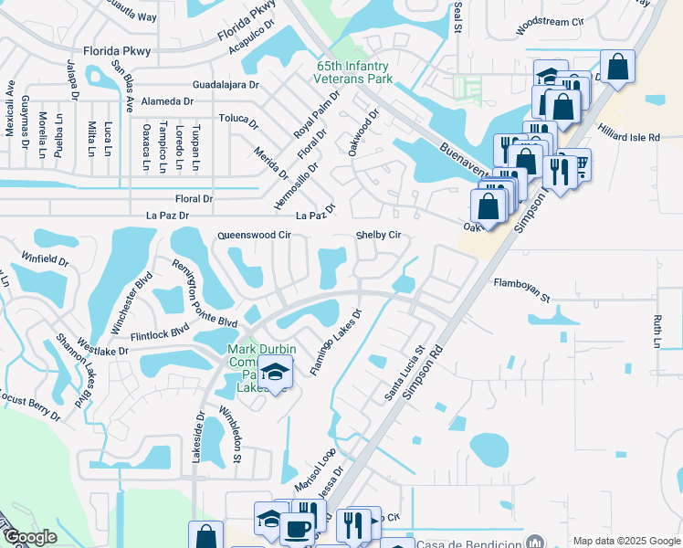 map of restaurants, bars, coffee shops, grocery stores, and more near 2414 Shelby Circle in Kissimmee