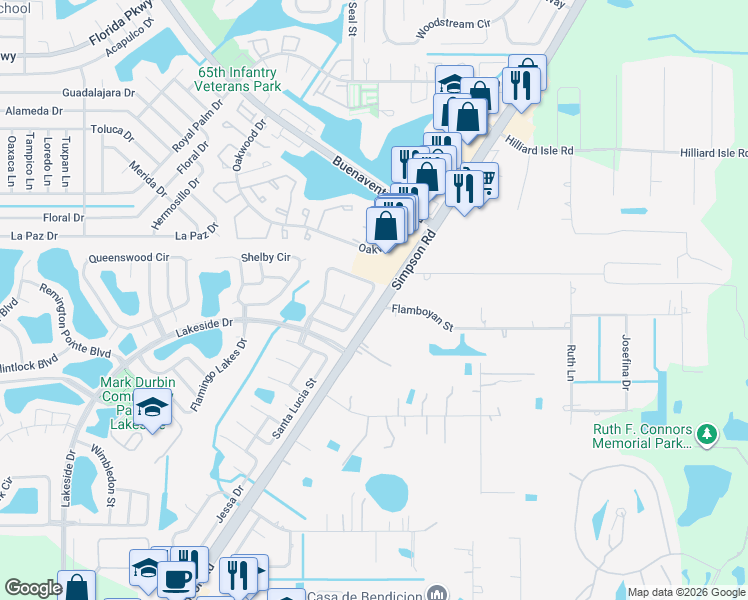 map of restaurants, bars, coffee shops, grocery stores, and more near 2486 Parsons Pond Circle in Kissimmee