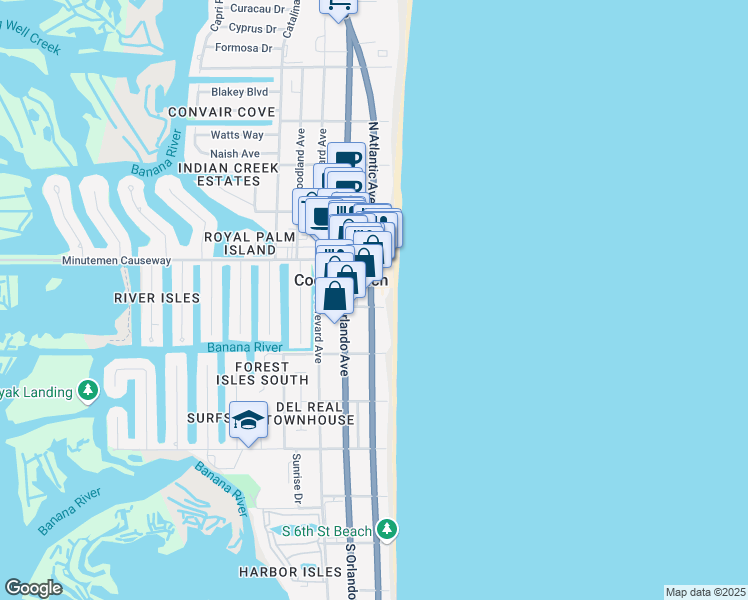 map of restaurants, bars, coffee shops, grocery stores, and more near 85 South Atlantic Avenue in Cocoa Beach