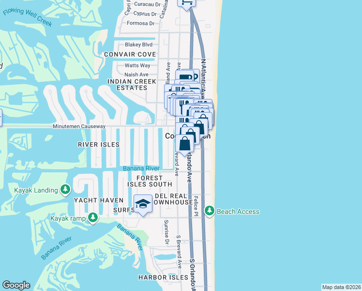 map of restaurants, bars, coffee shops, grocery stores, and more near 108 Sunset Drive in Cocoa Beach