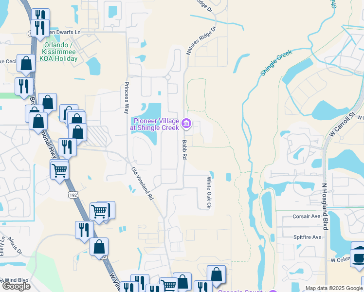 map of restaurants, bars, coffee shops, grocery stores, and more near 2481 Shanti Drive in Kissimmee