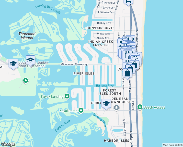 map of restaurants, bars, coffee shops, grocery stores, and more near 112 Deleon Road in Cocoa Beach