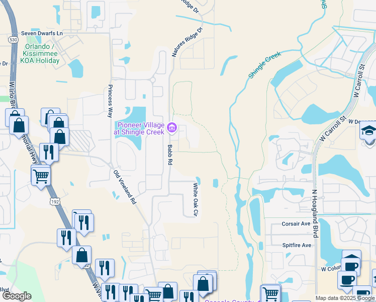 map of restaurants, bars, coffee shops, grocery stores, and more near 2491 Babb Road in Kissimmee