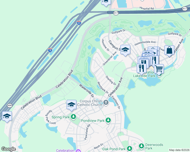 map of restaurants, bars, coffee shops, grocery stores, and more near 909 Westpark Drive in Celebration