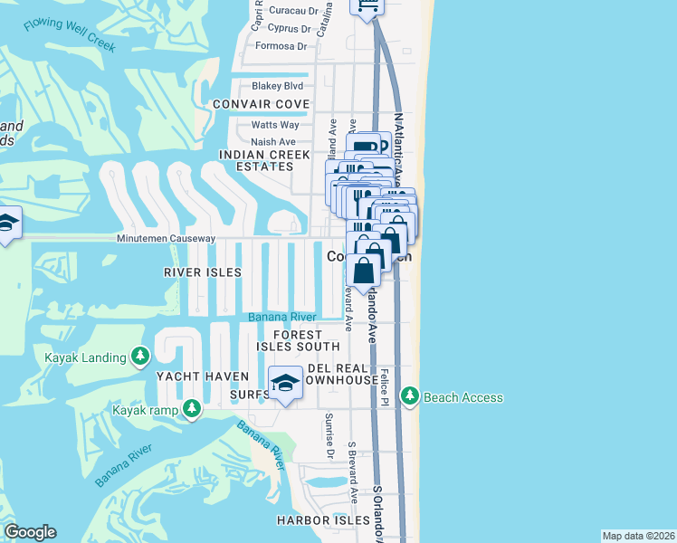 map of restaurants, bars, coffee shops, grocery stores, and more near 108 Sunset Drive in Cocoa Beach