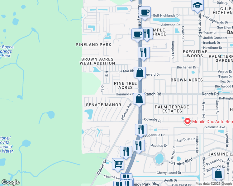 map of restaurants, bars, coffee shops, grocery stores, and more near 6743 Clemens Boulevard in Port Richey