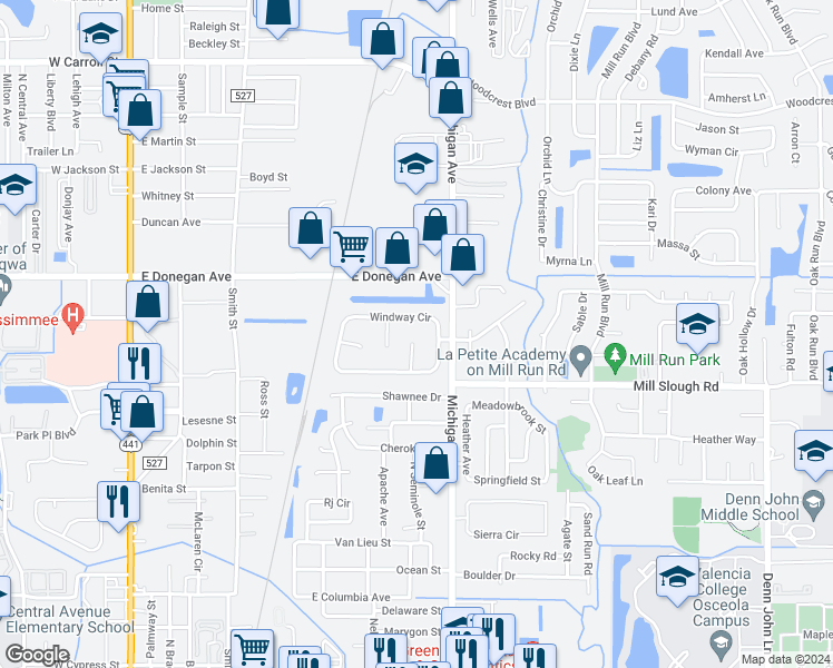 map of restaurants, bars, coffee shops, grocery stores, and more near 2195 Wind Jammer Court in Kissimmee