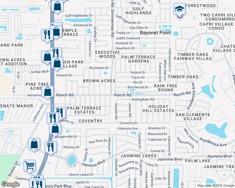 map of restaurants, bars, coffee shops, grocery stores, and more near 7514 Arbordale Drive in Port Richey