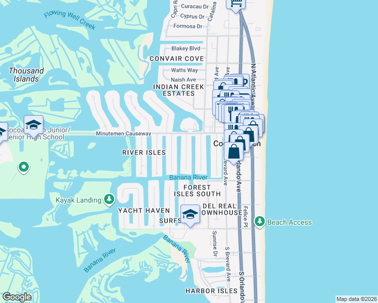 map of restaurants, bars, coffee shops, grocery stores, and more near 111 Boca Ciega Road in Cocoa Beach