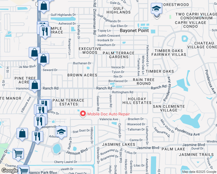 map of restaurants, bars, coffee shops, grocery stores, and more near 7610 Arbordale Dr in Port Richey