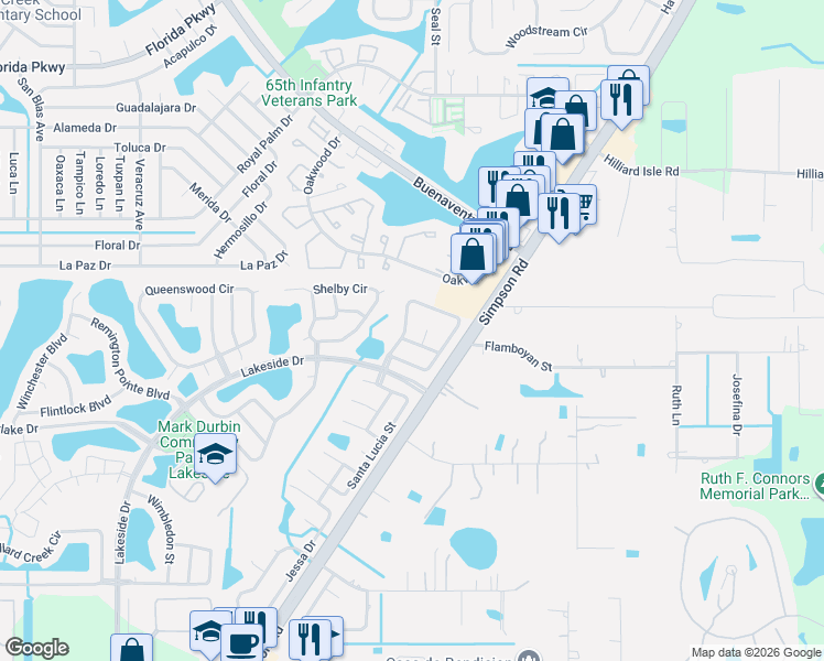 map of restaurants, bars, coffee shops, grocery stores, and more near 2419 Parsons Pond Circle in Kissimmee