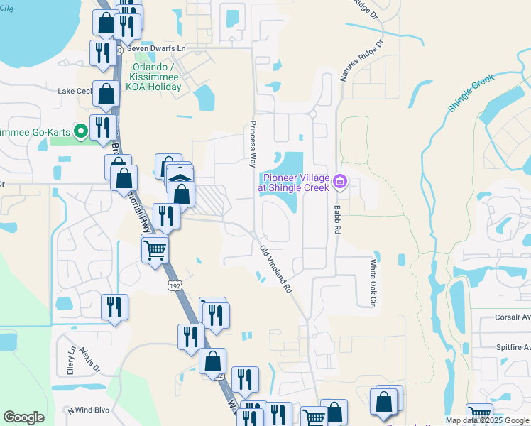 map of restaurants, bars, coffee shops, grocery stores, and more near 2335 Caravelle Circle in Kissimmee