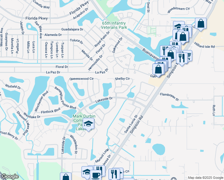 map of restaurants, bars, coffee shops, grocery stores, and more near 2414 Shelby Circle in Kissimmee