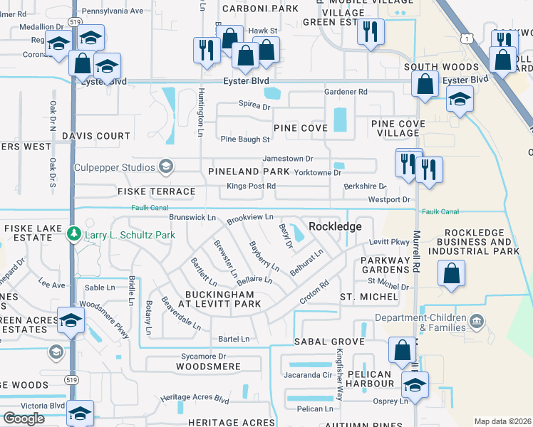 map of restaurants, bars, coffee shops, grocery stores, and more near 919 Brookview Lane in Rockledge
